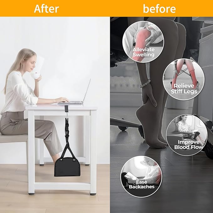 Foot Rest Hammock Under Desk,Airplane Foot Rest with Extended Adjustment Strap(24in-34.5in),Portable Desk Foot Hammock to Relax Your Feet