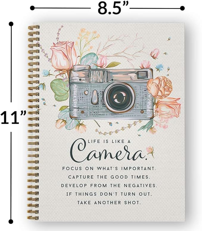 Softcover Camera 8.5" x 11" Motivational Spiral Notebook/Journal, 120 College Ruled Pages, Durable Gloss Laminated Cover, Gold Wire-o Spiral. Made in the USA