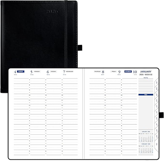 POPRUN 2026 Weekly Planner (Medium 7'' x 8.5''), 30-Minute Hourly Appointment Book (Jan 2026-Dec 2026) with Monthly Tabs, Inner Pockets, Pen Holder, PU Leather Softcover, 100GSM - Black