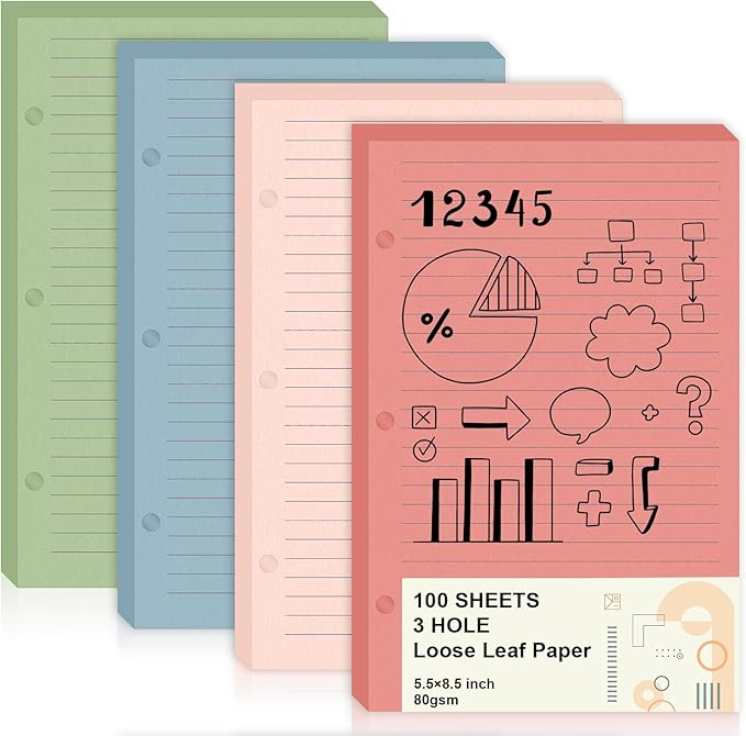 100 Sheets Mini Loose Leaf Paper 5.5 x 8.5 Mini Binder Paper 3 Ring Colored Lined Paper College Ruled 3 Hole Punched Lined Papers Small Notebook Refill Pages Planner Inserts for School Office