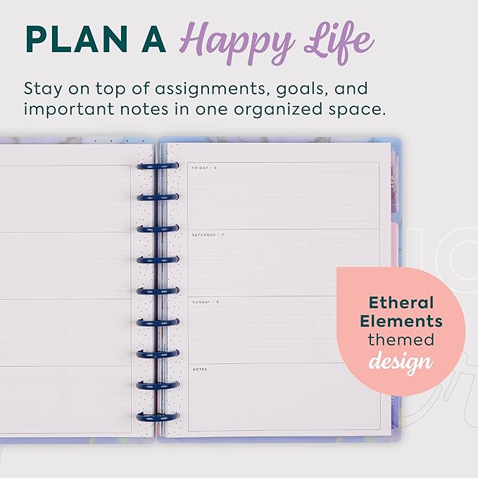 Happy Planner Disc-Bound Planner Jan.–Dec. 2026, Includes 3 Extra Months and 2 Sticker Sheets, Classic Size, 7" x 9.25", Horizontal Layout, Ethereal Elements