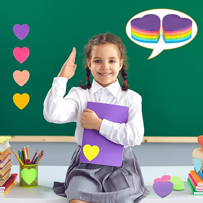 Teling 24 Pcs Heart Shape Lined Sticky Notes Cute Sticky Notes Bright Colorful Sticking Power Memo Pads Red Heart Self Notepads for Office School 3x3 Inch(Bright Colors)