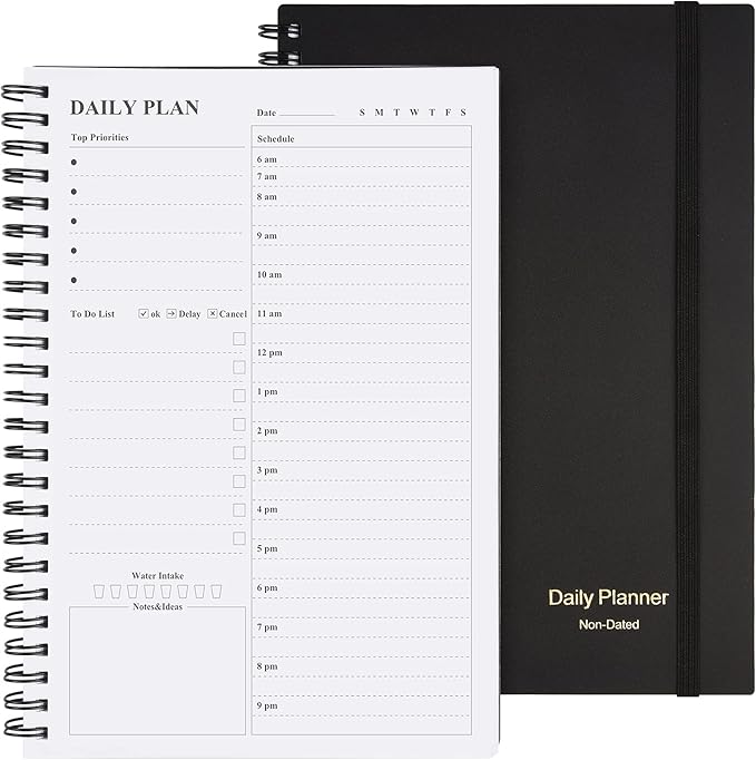 Daily Planner Undated, Asten To Do List Notebook Hourly Schedules Spiral Appointment Planner for Men and Women,PVC Hardcover,Elastic Closure, Inner Pocket 8.3" x 5.8" (Black)