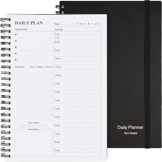 Daily Planner Undated, Asten To Do List Notebook Hourly Schedules Spiral Appointment Planner for Men and Women,PVC Hardcover,Elastic Closure, Inner Pocket 8.3" x 5.8" (Black)