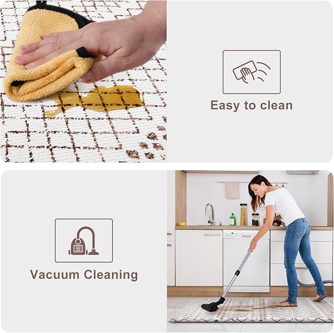 KIMODE Anti Fatigue Kitchen Mats 2PCS 17"x59"+17"x29", Cushioned Boho Kitchen Runner Rugs,Non Slip Waterproof Kitchen Mats for Floor,Comfort Standing Desk Mat for Home,Sink,Laundry,Brown and White