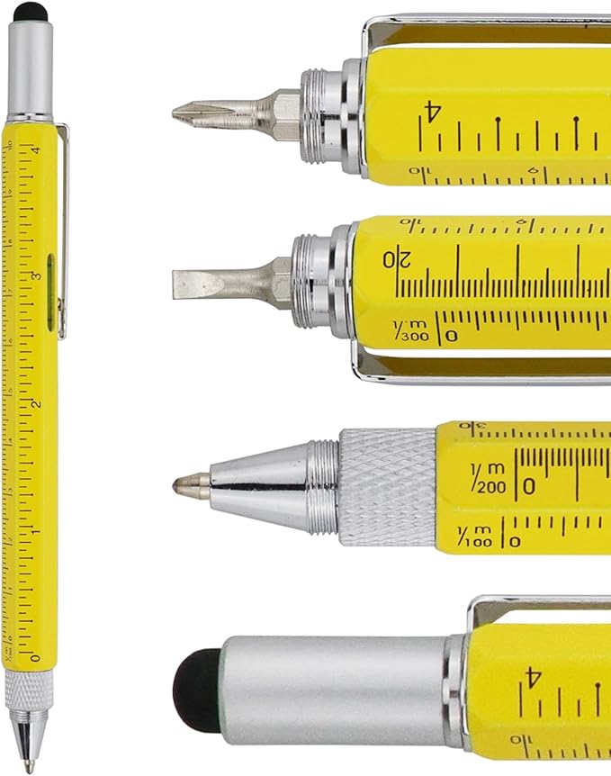 HeTaoCat Gifts Multi Tech Tool 6 in 1 Stylus Pen - Screwdriver With Ruler, Levelgauge, Ballpoint Black Ink (Yellow)