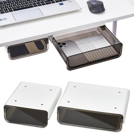 2 Pack Under Desk Drawer Slide Pull Out Plastic Organizer, Attachable Clear Black Acrylic Self Adhesive Mount Hidden Storage for Office & Home, Kitchen, Cabinet, Table, Counter, Space Saving