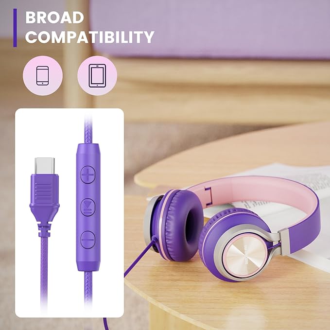 INFURTURE USB C Headphones with Mic,Volume Control,Tangle-Free Plaiting Line,Wired Headphones Type c,Lightweight Foldable for iPhone 16/15 Headphone Series/Tablet/School/Travel/Sports/Audiobooks