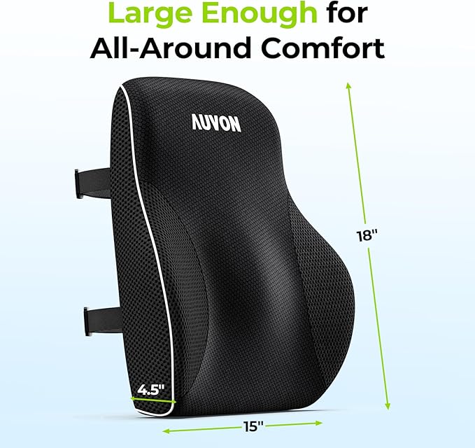 AUVON Lumbar Support Pillow for Office Chair with Patented Bulge for Lower Back Support, Ergonomic Office Home Essentials Improve Posture, Memory Foam Chair Cushion with Straps for Home, Office, Car