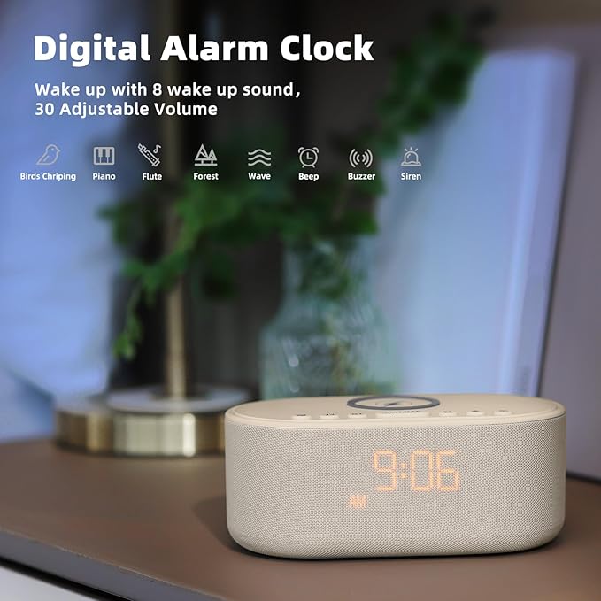 Sound Machine Alarm Clock for Bedrooms: Bluetooth 10W Stereo Sound Speaker with Wireless Charging - White Noise Machine for Sleeping with 21 Soothing Sounds - Putty