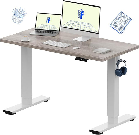FLEXISPOT EN1 One-Piece Standing Desk 48 x 24 Inches Height Adjustable Electric Desk Sit Stand Desk Home Office Desks (White Frame + Gray Wood Grain Top, 2 Packages)