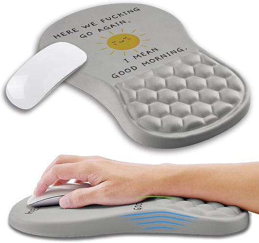 Ergonomic Mouse Pad Wrist Support with Memory Foam Massage Bulge, Carpal Tunnel Pain Relief Mousepad Wrist Rest for Mouse(12x8 inch, Good Morning)