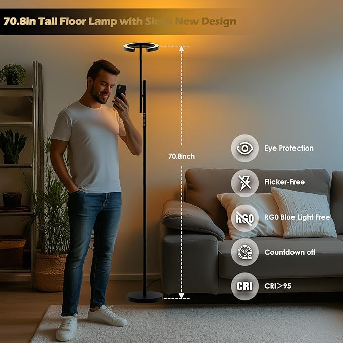 GLOWRIUM Therapy Light Floor lamp 12000 Lux, Happy Therapy lamp Stepless Dimmable 2700-6500K, LED UV-Free Happy lamp, Sunlight lamp Modern Bright Floor Lamp for Living Room Bedroom Office (H1B)