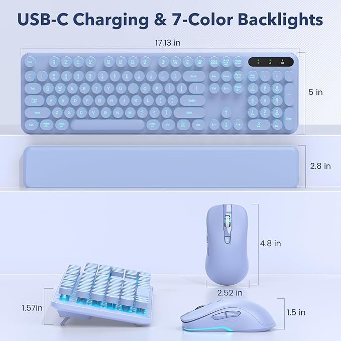 Wireless Keyboard and Mouse Combo, Backlit Round Keycaps, Retro Typewriter Keyboard with Detachable Wrist Rest, Rechargeable & Tilt Legs, 2.4GHz Cordless Connection for Mac/Windows/PC (Glowing Purple)