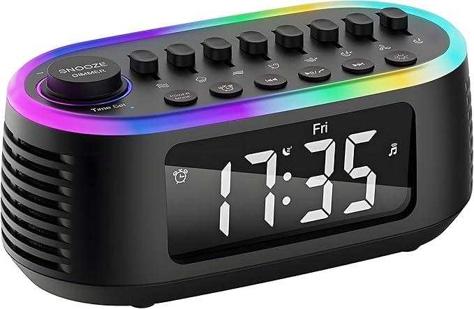 White Noise Machine Bluetooth Speaker, Digital Alarm Clock Sleep Timer with LED Display RGB Night Light, Soothing Natural Sleeping Sound Machine for Baby, Kids, Adults, Bedrooms (Black)