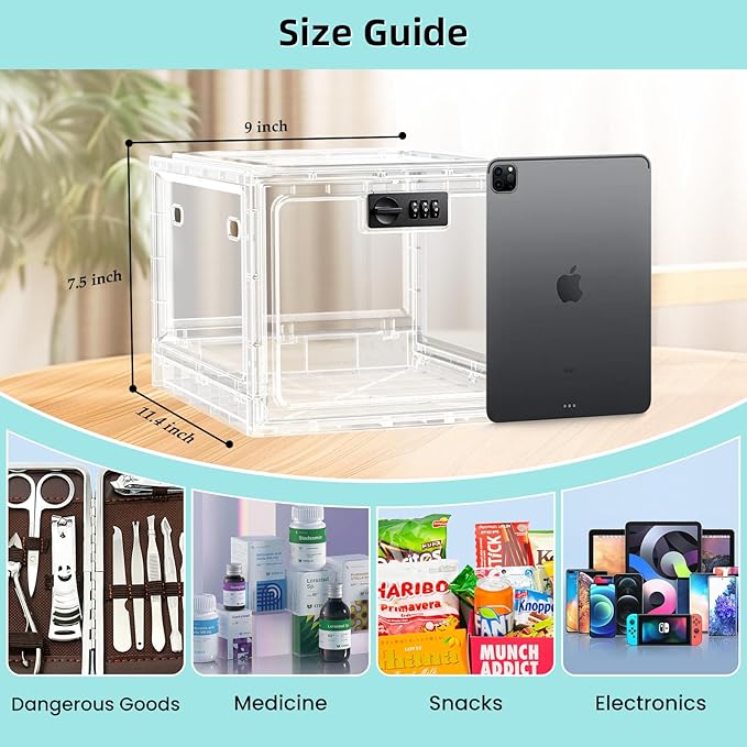 HOLYHY Medicine Lock Box for Safe Medication Storage, Large Refrigerator Lockable Storage Box for Kitchen Food Safe, Phone Jail iPad Tablet Lock Boxes for Kids Home/Office (Clear)