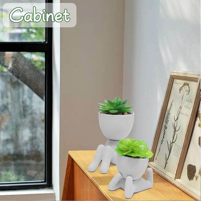 Zerzsy 2PCS Cute Artificial Succulent Plants with Creative Human Shaped Pots, Desk Decoration Artificial Plants Indoor for Home and Office Decor(Cement Gray)