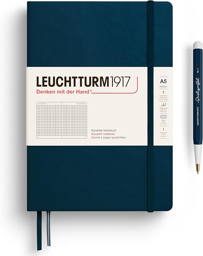 LEUCHTTURM1917 - Notebook Hardcover Medium A5-251 Numbered Pages for Writing and Journaling - Thinking Ahead (Squared Paper, Deep Sea)