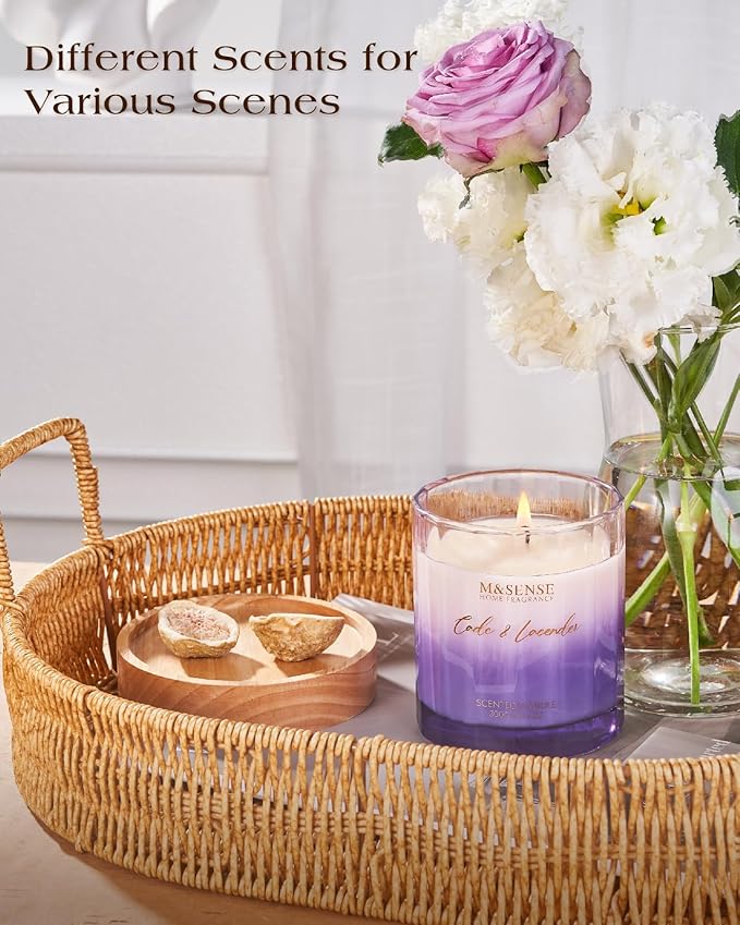 M&SENSE Cade Lavender Scented Aromatherapy Candle for Stress Relief, 10.6oz 60 Hour Burn Time Natural Soy Candles for Home Long Lasting Highly Scented Luxury Gifts