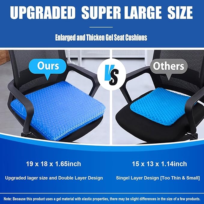 Gel Seat Cushion for Long Sitting Pressure Relief (Super Large & Thick) - Non-Slip Gel Chair Cushion for Back,Sciatica,Tailbone Pain Relief - Seat Cushion for Office Desk Chair,Car Seat,Wheelchair