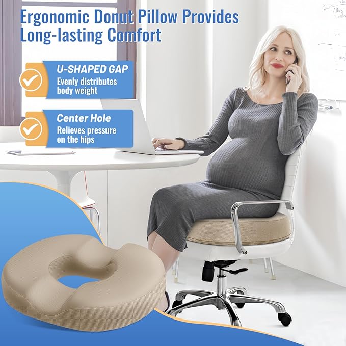 CloudBliss Donut Pillow Seat Cushion Chair Pad for Tailbone Pain Relief and Hemorrhoids, Memory Foam Seat Chair Cushion for Men and Women for Home & Office, (Khaki-2XL)