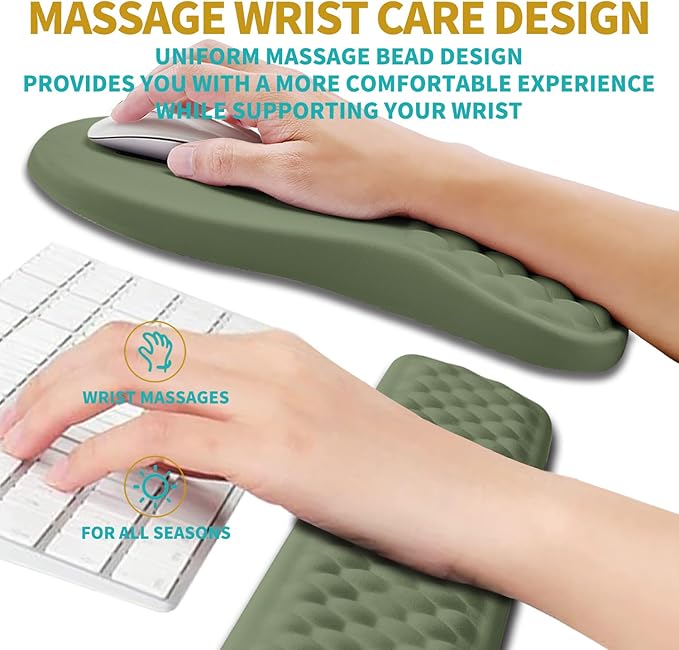 Hokafenle 2 in 1 Ergonomic Mouse Pad Wrist Support & Wrist Rest for Computer Keyboard Set, with Relieve Carpal Tunnel Pain Massage Bulge and Full Memory Gel Design (2In1 Set, Dark Green)