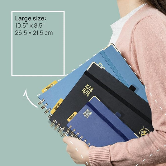 POPRUN Academic Planner 2025-2026 (July 2025-June 2026), Daily Weekly and Monthly Appointment Book (Wirebound Hard Cover - 10'' x 8'') with Hourly Time Slots, Tabs, 100 GSM - Navy Blue