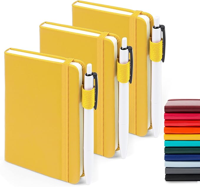 feela 3 Pack Pocket Notebook Journals with 3 Black Pens, A6 Mini Cute Small Journal Notebook Bulk Hardcover College Ruled Notepad with Pen Holder for Office School Supplies, 3.5”x 5.5”, Yellow