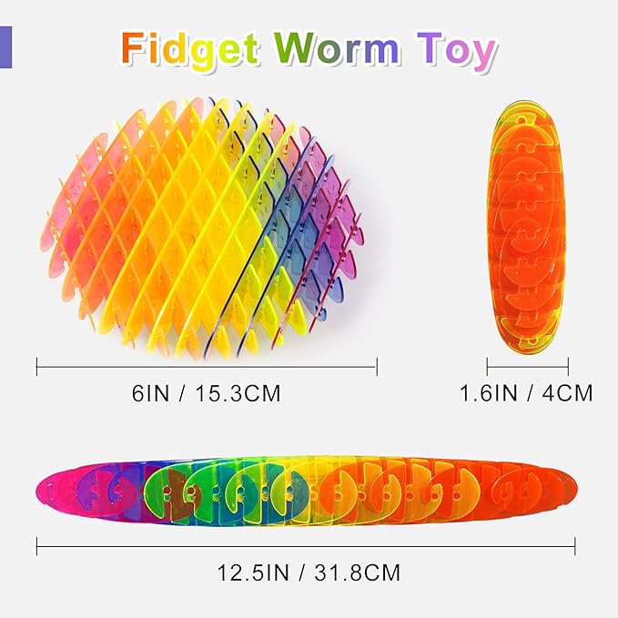 Fidget Worm Toy - Fidget Toys Adults | Quiet Fidget Sensory Toys for Adults & Teens | Desk Fidgets for Adult | Anxiety Stress Relief Toy |Toys for Autistic Kids Ages 3-5 5-7 8-10 8-12(Rainbow, Big)