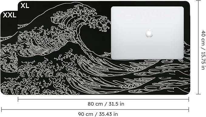 iCasso Mousepad, Gaming Mouse Pad, XXL Large Desk Mat, Big Rubber Base Mouse Mat with Stitched Edges, Computer Keyboard Desk Pad for Work, Game, Office, Home - Black Wave of Kanagawa