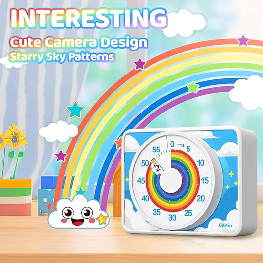 VOCOO Kids Visual Timer for Classroom - 60-Minute Countdown for Kitchen Cooking Office, Strong Magnet, Silent Time Management Tool, 2 AAA Batteries Included, Cute Rainbow Pattern (White)