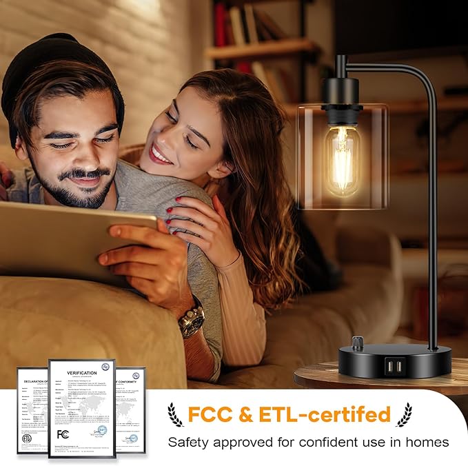 Industrial Table Lamp with 2 USB Charging Ports, Fully Stepless Dimmable Modern Nightstand Lamp, Glass Shade Bedside Desk Lamp for Bedroom Living Room Office, 8W 2700K LED Edison Bulb Included