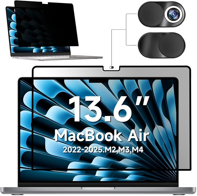 Mamol Privacy Screen for MacBook Air 13.6 Inch (2022-2025, M2,M3,M4) - A2681, A3113, MagicSuction™ Removable Vacuum Adsorption Anti Spy,Anti Glare Anti Blue Light Filter for Mac Laptop Computer