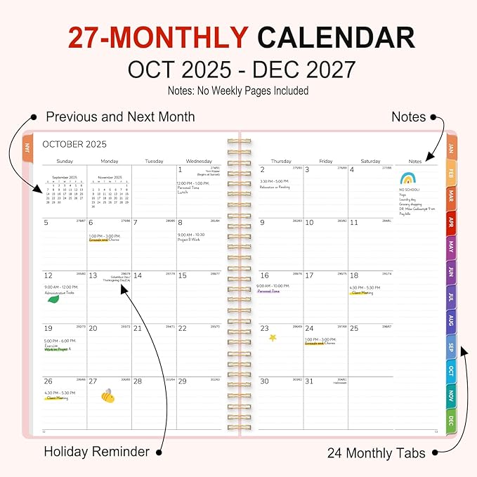 GNL Monthly Planner 2026-2027, 2 Year(27 Months) Calendar Planner, Oct. 2025 - Dec 2027, 7" x 10" Monthly Spreads & Yearly Planner, Perfect for School Office Home Planning, Pink