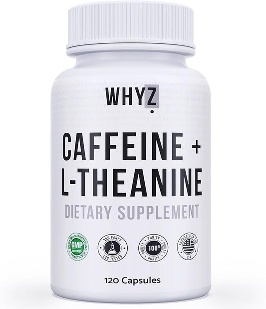 WHYZ Caffeine Pills with L-Theanine, 120 Capsules, Nootropic Stack Energy Pills, Energy Vitamins for Sustained Energy Focus & Cognitive Function, L Theanine Caffeine Energy Supplements for Women & Men