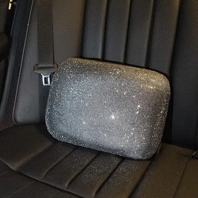 Lumbar Support Pillow Summer Decorative for Car Soft Bling Accessories Sparkly Diamond Rhinestone for Women Girls, Universal Office Chair Lower Back Cushion Rubber Black