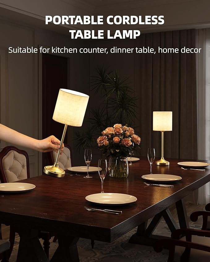Rechargeable Table Lamp, 2-Pack, 8000mAh, Dimmable, 2700K, Touch Control, Portable, LED, Wireless, Cordless, Battery Operated, Desk Lamp, Kitchen Lamp, Fabric Shade, for Dining Room, Living Room