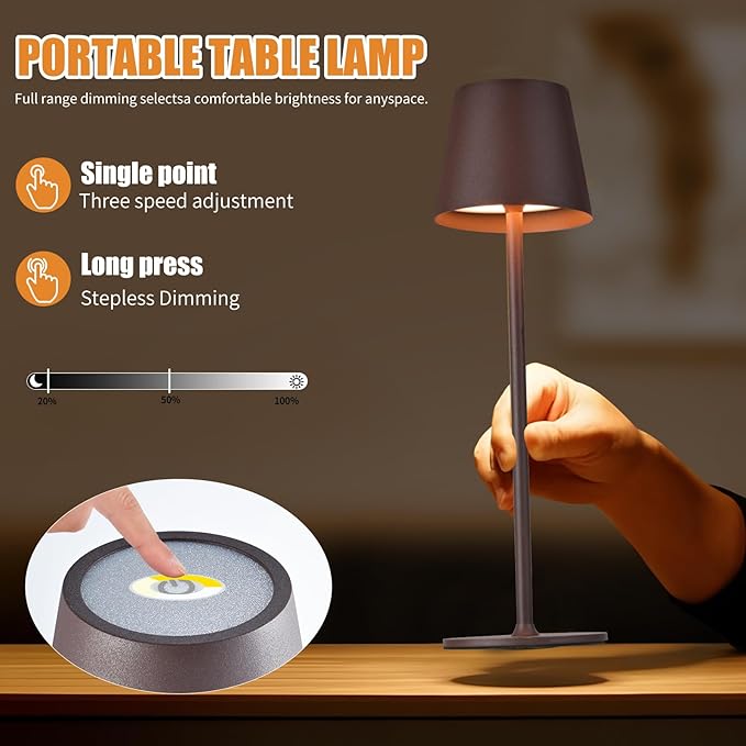 2 Pack Cordless Table Lamp,Portable LED Desk Lamp, 6000mAh Battery Operated, 3 Color Stepless Dimming Up, for Restaurant/Bedroom/Bars/Outdoor Party/Camping/Coffee Shop Night Light
