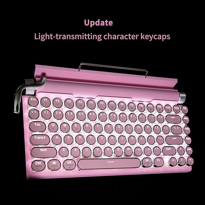 Adventurers Typewriter Bluetooth Wireless Keyboard - 83 Keys, Hot Swappable Blue Switch, Round Keycaps, White Backlit, Compact 75% Layout, Wired, for Windows/Mac/PC/Laptop/iPad, Pink