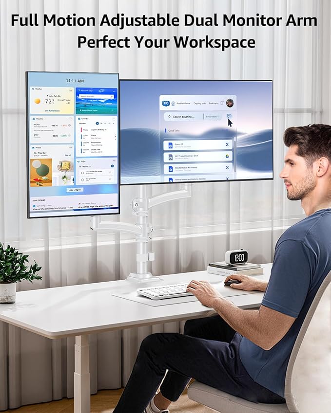 Dual Monitor Stand Holds 4.4-22 lbs Each, Dual Monitor Arm for 2 Monitors, Height Adjustable Computer Desk Mount for Max 32 inch Screens, VESA Mount with C-clamp & Grommet Base, Freelift White