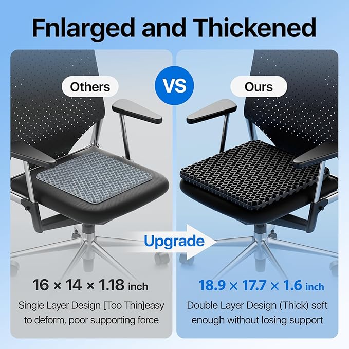 Gel Seat Cushion, Cooling (Super Large & Thick), Breathable Honeycomb Design Absorbs Pressure Points, Gel Cushion for Office Chair, Home Car seat Cushion for Wheelchair