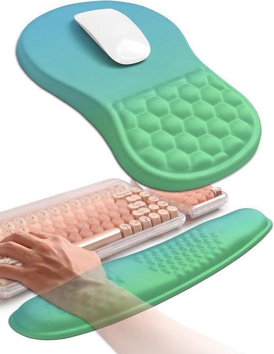 Hokafenle 2in1 Combination, Wave Keyboard Wrist Rest and Ergonomic Curvature Mouse Pad Wrist Support for Relieve Wrist Pain, Filled with Soft Cushion Memory Foam, Gradient Green