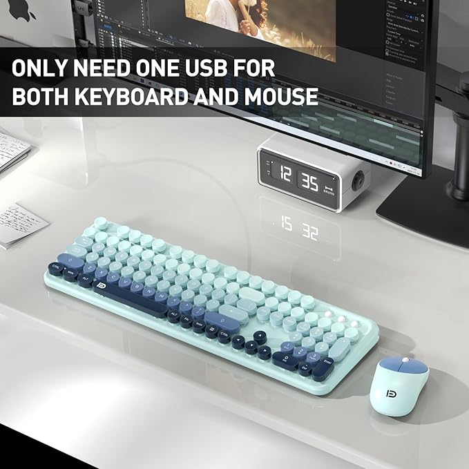Wireless Keyboards Mouse Combos, Colorful Cute Typewriter Full-Size Retro Round Keycaps, 2.4GHz Cordless Connection Sleep Mode Office Wireless Keyboard and Mouse Set for Desktop Laptop PC Computer
