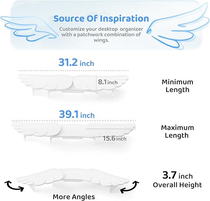 Dual Monitor Stand Riser, Wing-Shaped Sturdy Desktop Wood Stand for 2 Monitors, White Riser for Laptop, PC, Computer