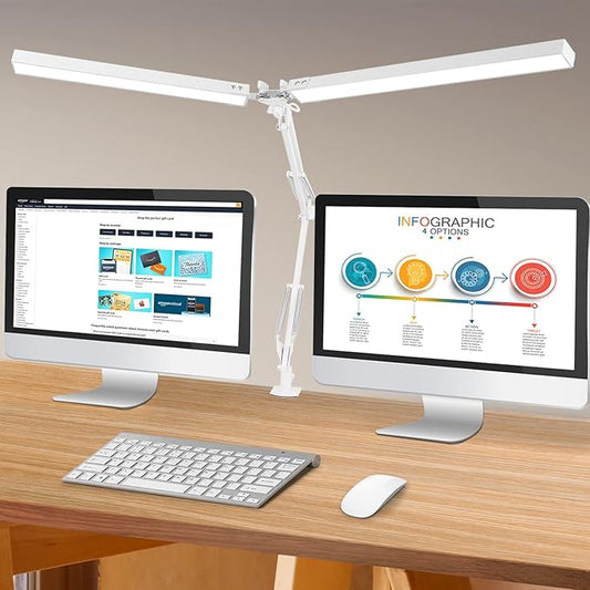 LED Desk Lamp with Clamp, Super Bright Double Head Task Light, 5 Color Modes, 10%~100% Dimmable Brightness, Modern Swing Arm Workbench Light