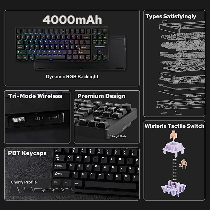 EPOMAKER P87 TKL Aluminum Wireless Gaming Keyboard, QMK/VIA Programmable, 87% Bluetooth/2.4Ghz/USB-C, with CNC Metal Knob and RGB Backlight (Black, Wisteria Linear Switch)