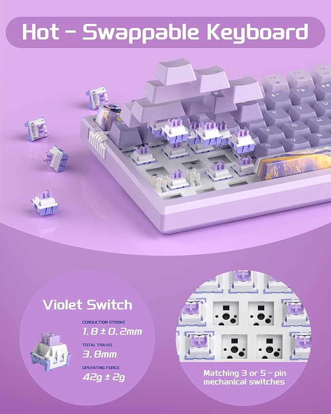 MageGee SKY98 Wireless Gasket Mechanical Gaming Keyboard, 96% Hot Swappable RGB Custom Creamy Keyboard with 5-Layer Sound Padding, BT/2.4G/USB-C, NKRO for Win/Mac (Lavender, Violet Switch)
