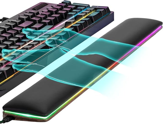 Keyboard Wrist Rest with Leather Covered Memory Foam on Wood Base Ergonomic Non-Slip Comfortable and Durable Perfect Match for Mechanical Keyboards (RGB)