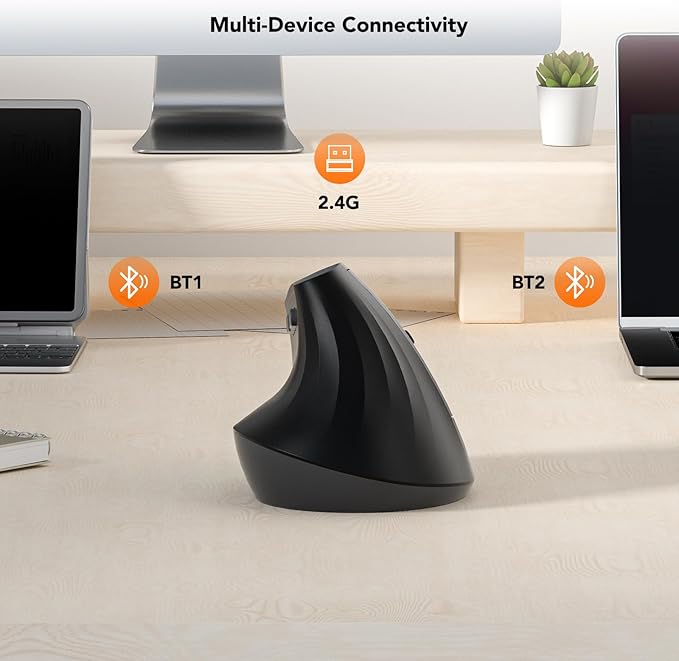 Wireless Ergonomic Mouse, Vertical Mouse, Bluetooth Ergo Mouse, Quiet Click, 5 Level Adjustable DPI(800/1200/2400/2400/4000), Rechargeable 2.4G Mice with 6 Buttons for Computer, PC, Mac, Laptop, Black