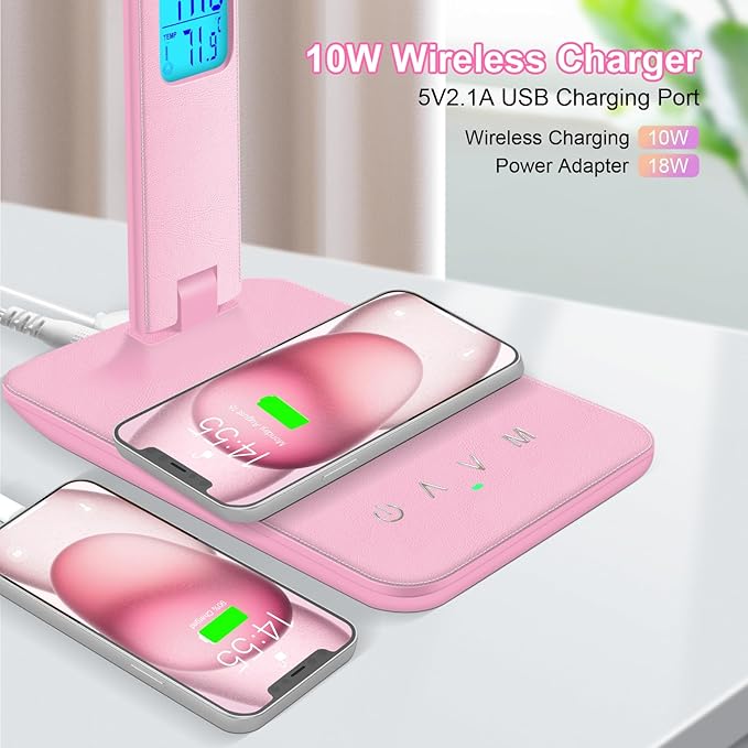Desk Lamp with Wireless Charger, USB Charging Port, Dimmable Office Desk Light with Clock, Alarm, Date, Temperature, Foldable Lamp for Table Bedroom Bedside Office (Pink)